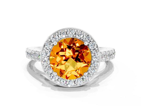 Silver Round Cut Citrine Halo Ring with Round Pavé Split Shank and Prong Setting
