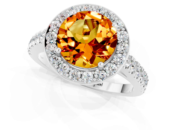 Silver Round Cut Citrine Halo Ring with Round Pavé Split Shank and Prong Setting