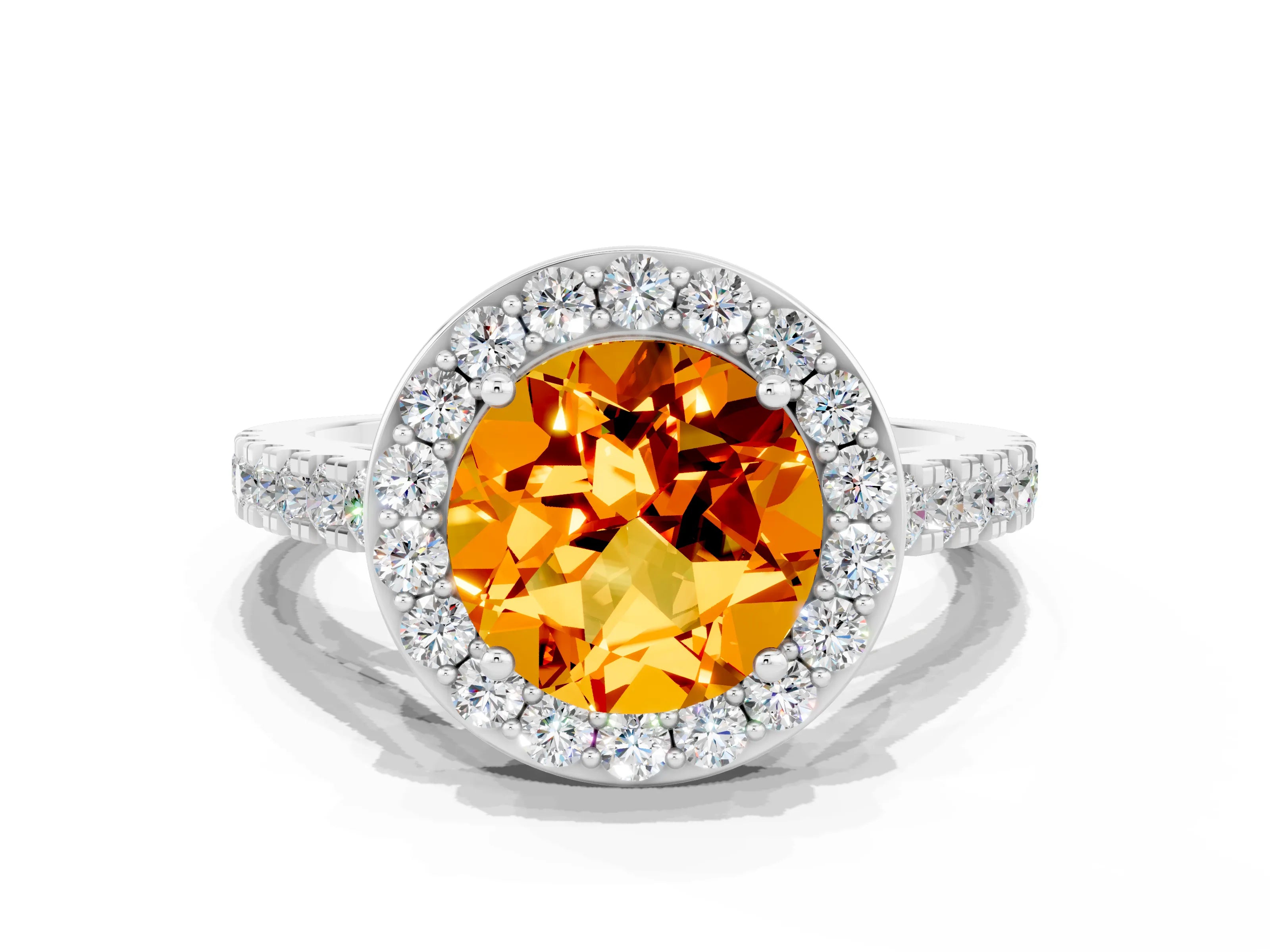 White gold Round Cut Halo Diamond Ring with Pavé Band and Three-Prong Setting_12