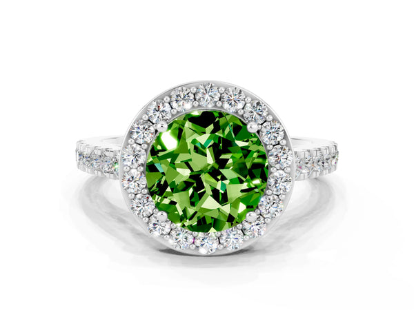 Platinum Round Cut Halo Diamond Ring with Pavé Band and Three-Prong Setting