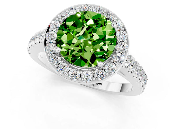 Platinum Round Cut Halo Diamond Ring with Pavé Band and Three-Prong Setting