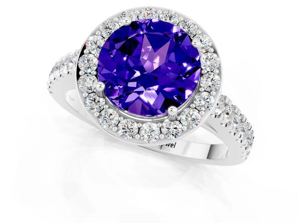 Platinum Round Cut Tanzanite Halo Ring with Round Pavé Split Shank and Prong Setting