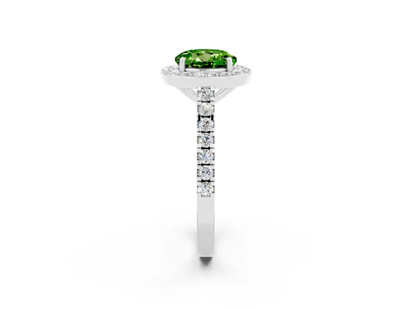 Platinum Round Cut Halo Diamond Ring with Pavé Band and Three-Prong Setting