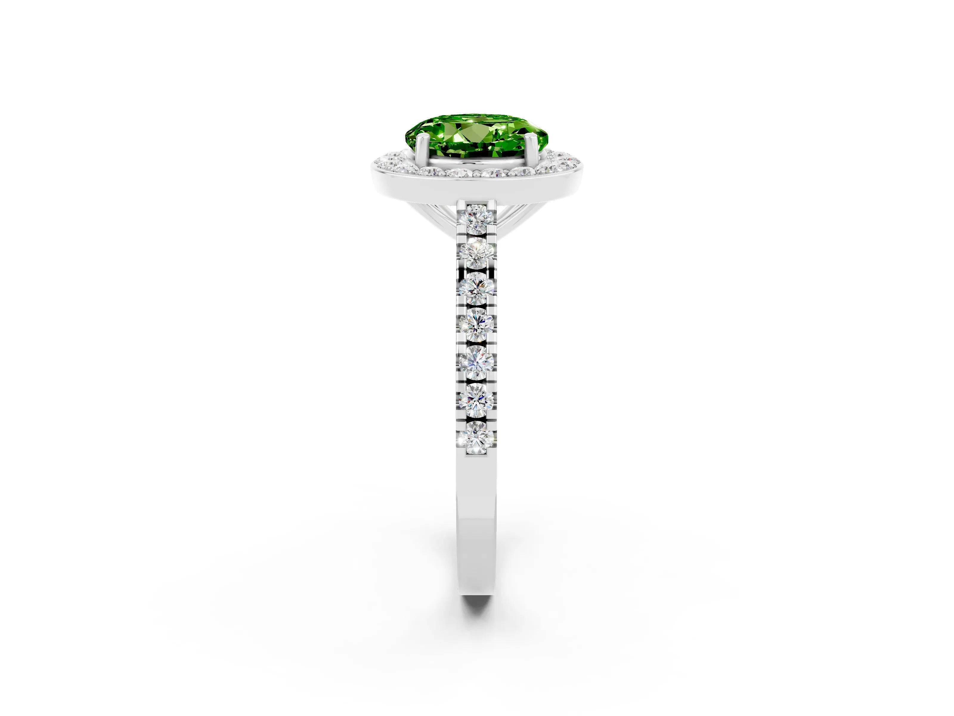White gold Round Cut Halo Diamond Ring with Pavé Band and Three-Prong Setting_14
