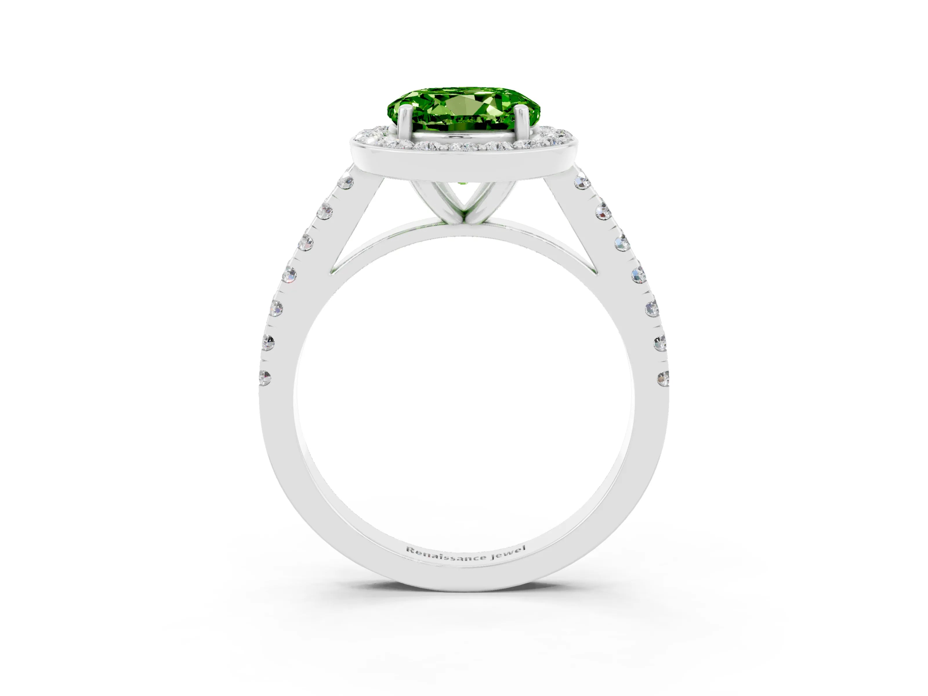 White gold Round Cut Halo Diamond Ring with Pavé Band and Three-Prong Setting_15