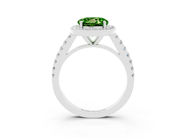 Silver Round Cut Halo Diamond Ring with Pavé Band and Three-Prong Setting