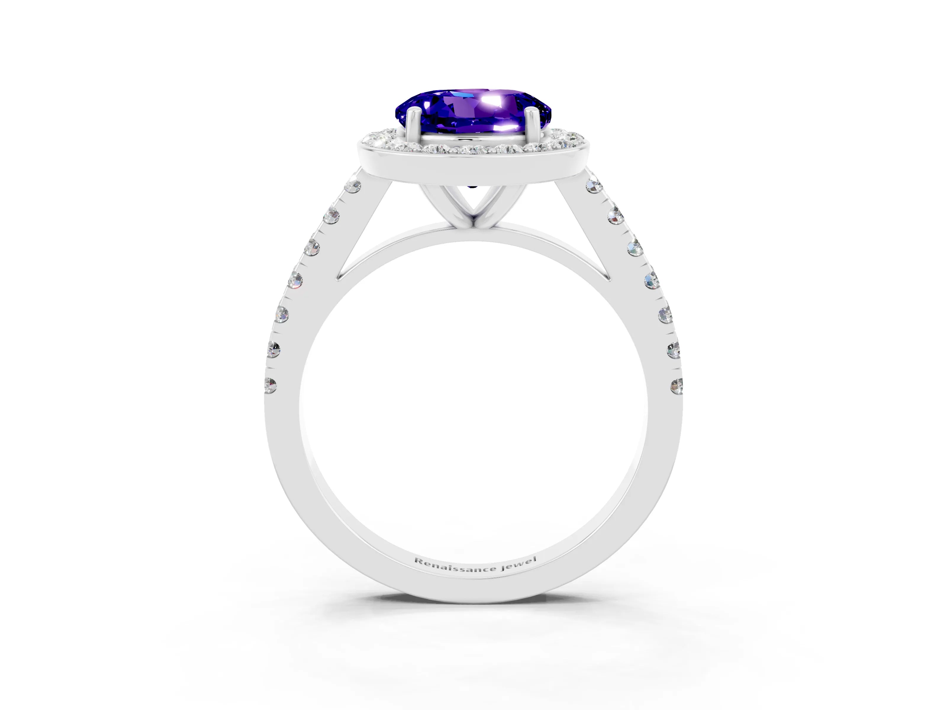 White gold Round Cut Halo Diamond Ring with Pavé Band and Three-Prong Setting_15