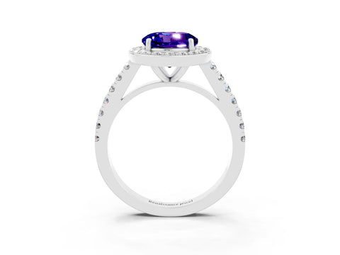 White gold Round Cut Halo Diamond Ring with Pavé Band and Three-Prong Setting_15