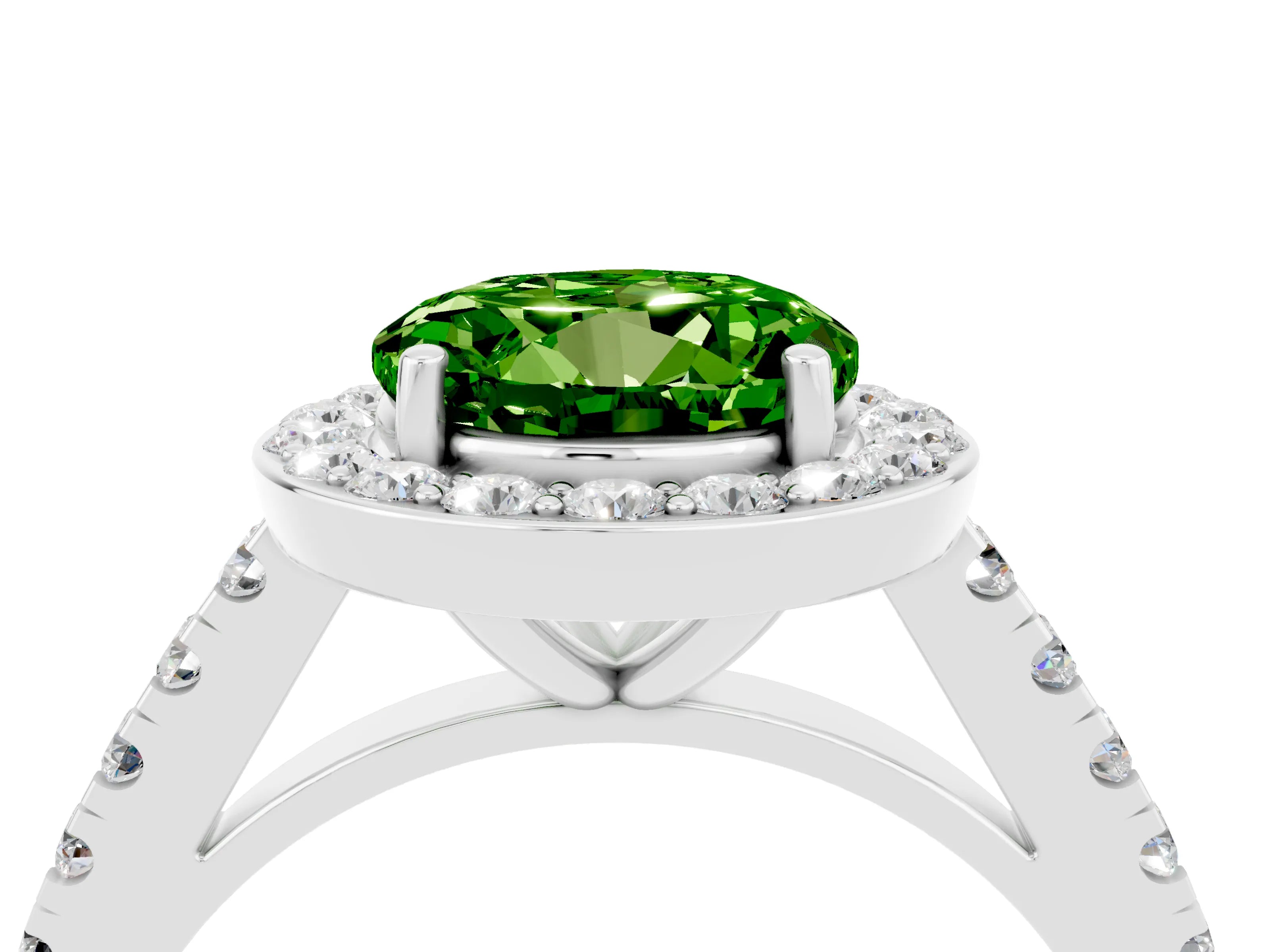 White gold Round Cut Halo Diamond Ring with Pavé Band and Three-Prong Setting_16