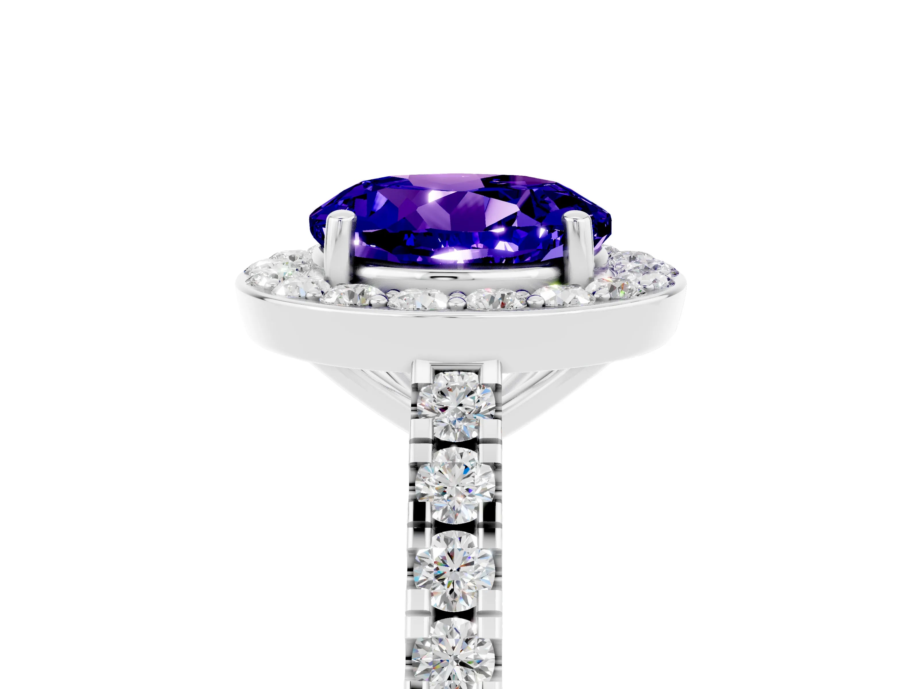 White gold Round Cut Halo Diamond Ring with Pavé Band and Three-Prong Setting_17