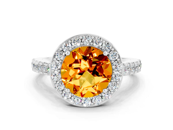 White gold Round Cut Citrine Halo Ring with Round Pavé Split Shank and Prong Setting