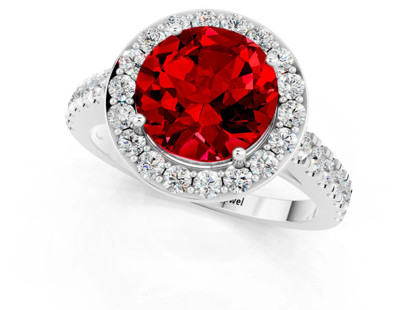 Platinum Round Cut Ruby Halo Ring with Round Pavé Split Shank and Prong Setting