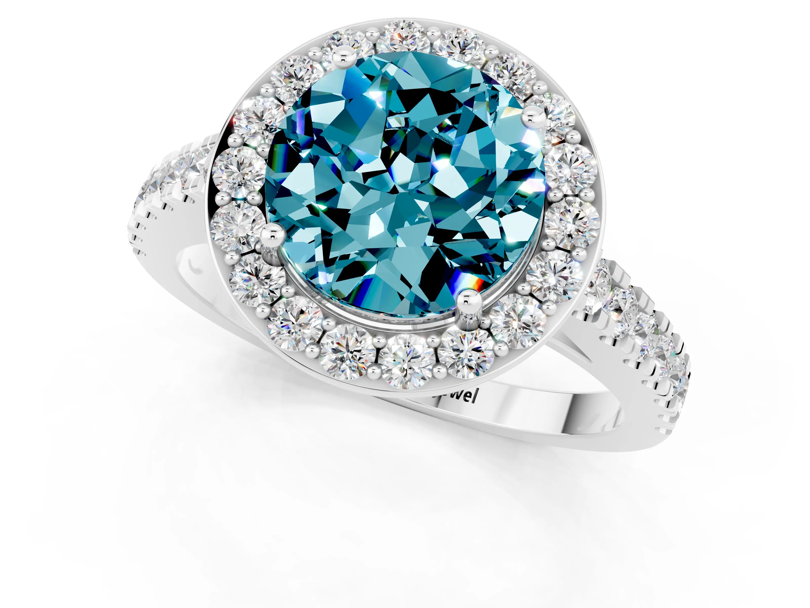 White gold Round Cut Halo Diamond Ring with Pavé Band and Three-Prong Setting_1