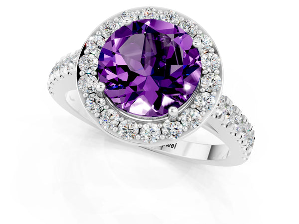 Platinum Round Cut Amethyst Halo Ring with Round Pavé Split Shank and Prong Setting