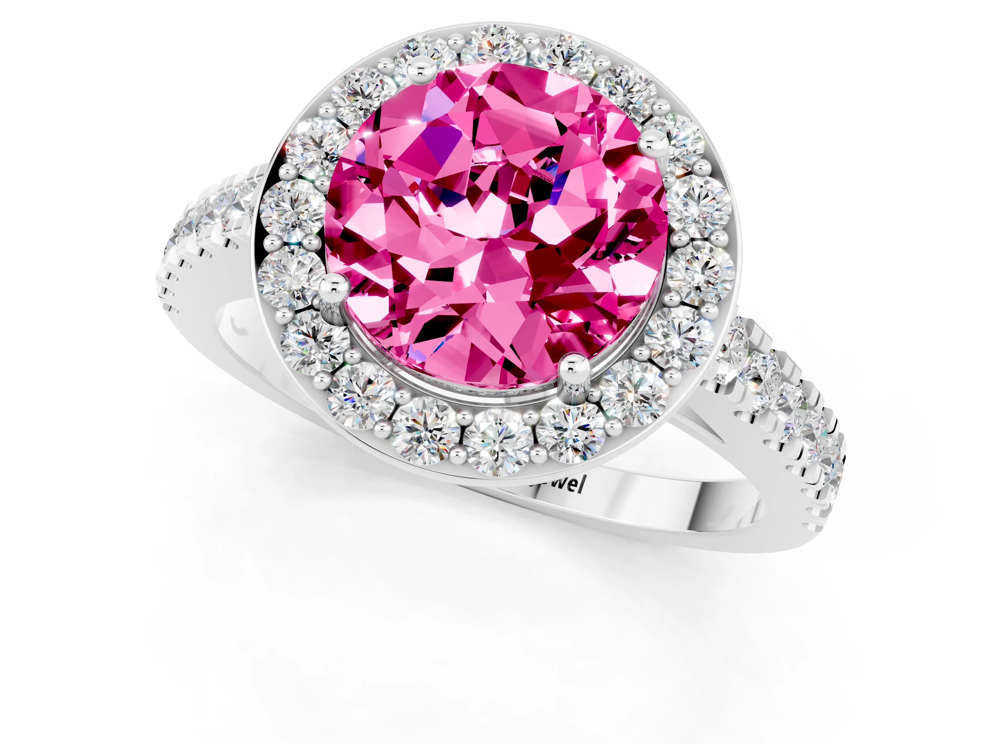 White gold Round Cut Halo Diamond Ring with Pavé Band and Three-Prong Setting_1