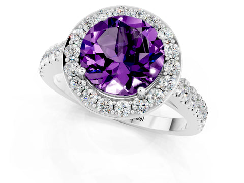 White gold Round Cut Halo Diamond Ring with Pavé Band and Three-Prong Setting_1