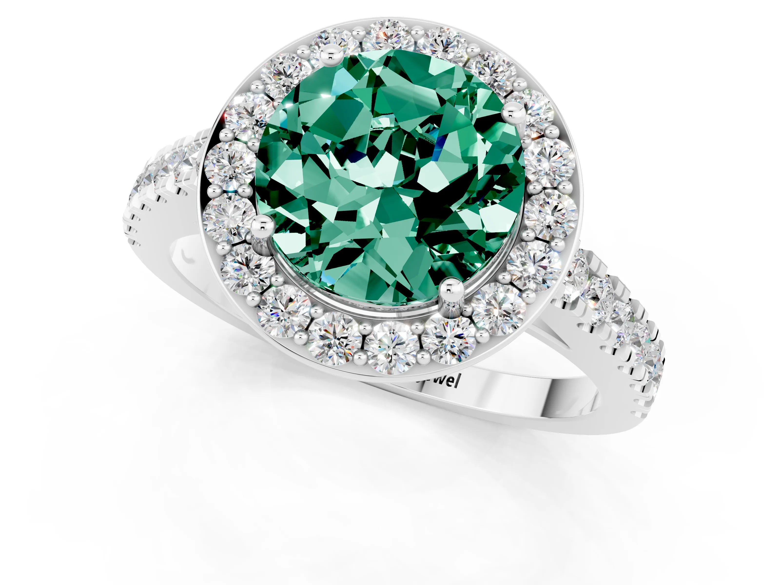 White gold Round Cut Halo Diamond Ring with Pavé Band and Three-Prong Setting_1
