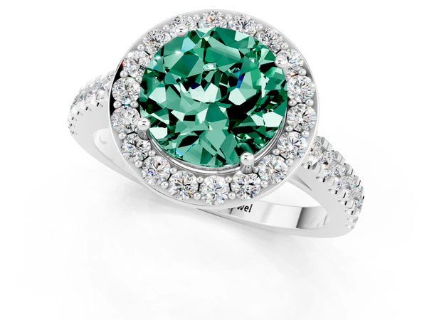 Silver Round Cut Green Sapphire Halo Ring with Round Pavé Split Shank and Prong Setting