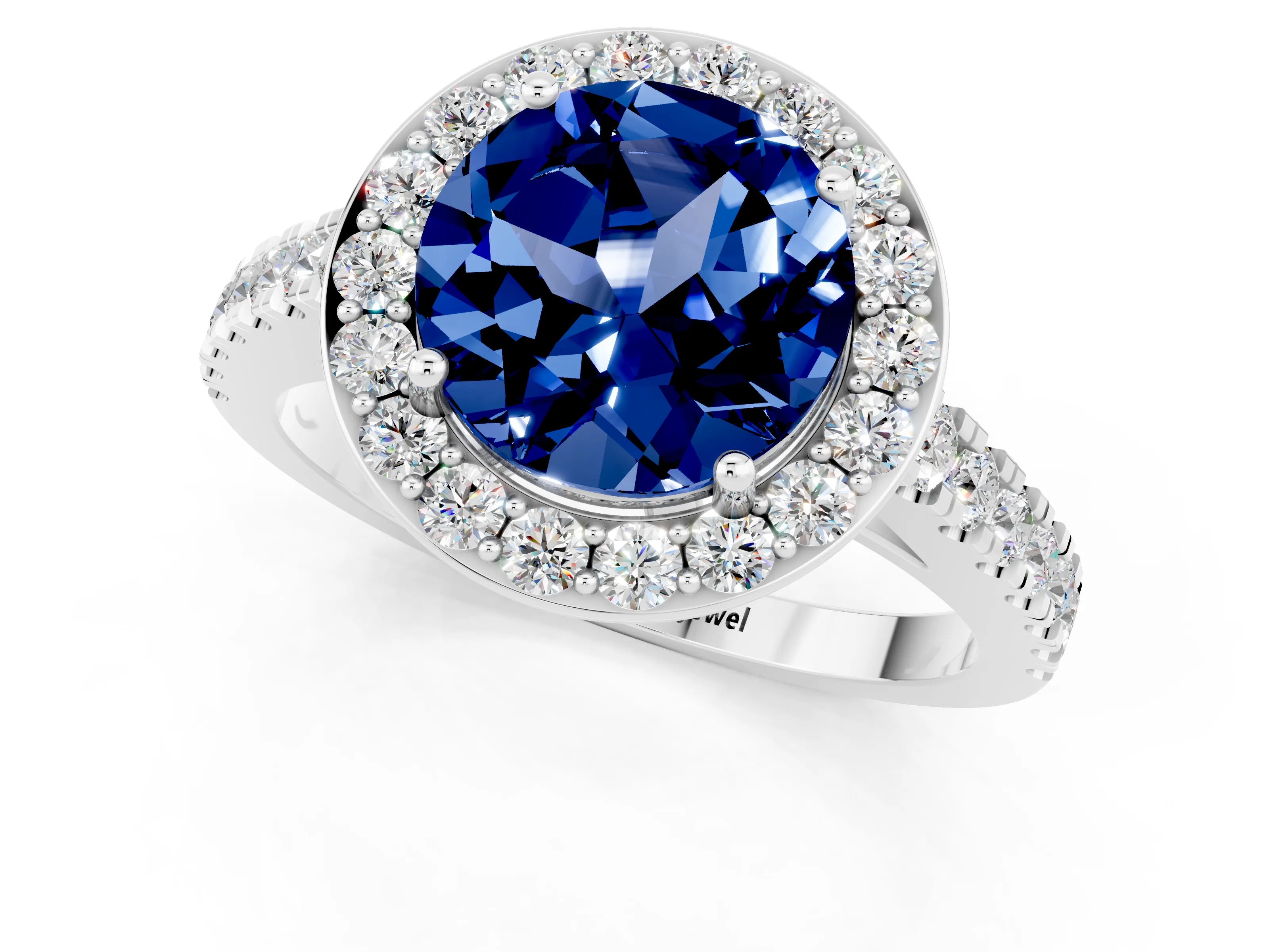 White gold Round Cut Halo Diamond Ring with Pavé Band and Three-Prong Setting_1