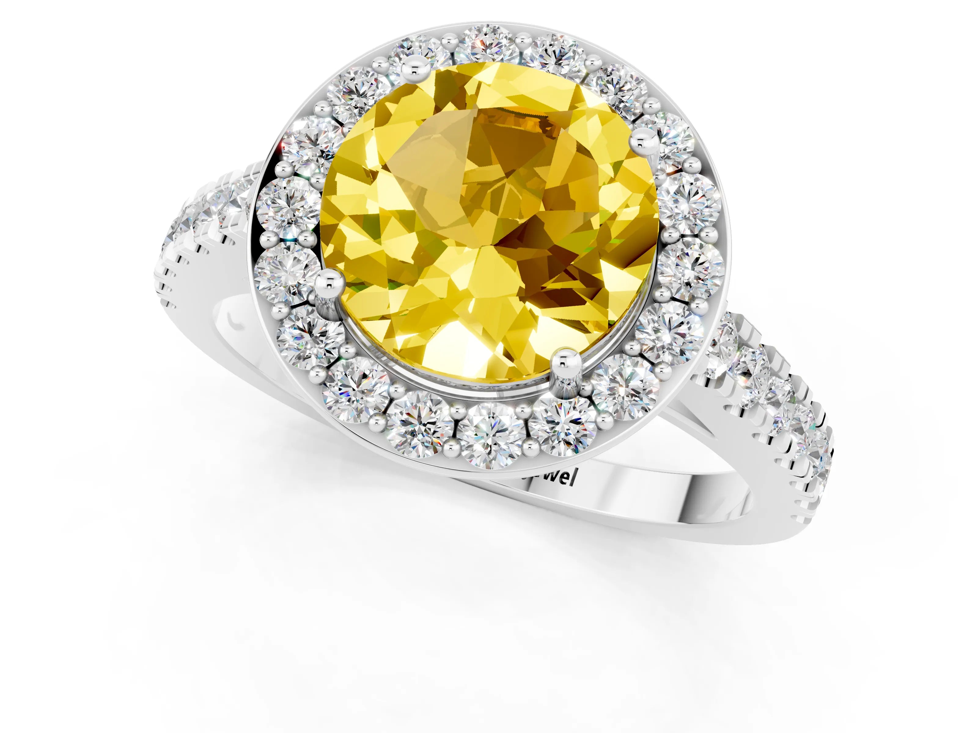 White gold Round Cut Halo Diamond Ring with Pavé Band and Three-Prong Setting_1