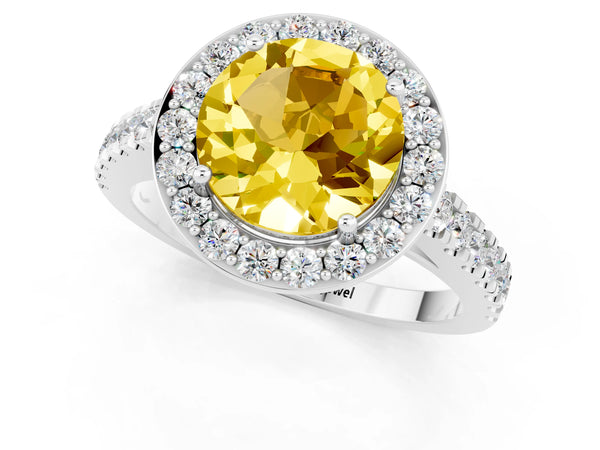 Silver Round Cut Yellow Sapphire Halo Ring with Round Pavé Split Shank and Prong Setting