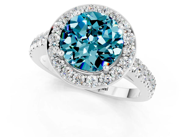 Silver Round Cut Halo Diamond Ring with Pavé Band and Three-Prong Setting