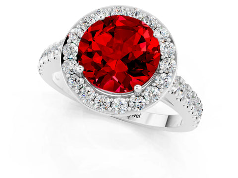 White gold Round Cut Halo Diamond Ring with Pavé Band and Three-Prong Setting_1