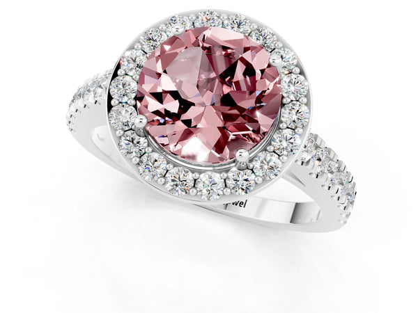 Silver Round Cut Halo Diamond Ring with Pavé Band and Three-Prong Setting