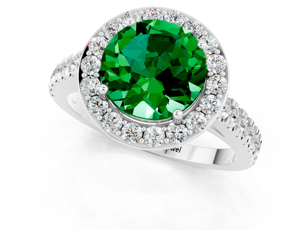 White gold Round Cut Emerald Halo Ring with Round Pavé Split Shank and Prong Setting