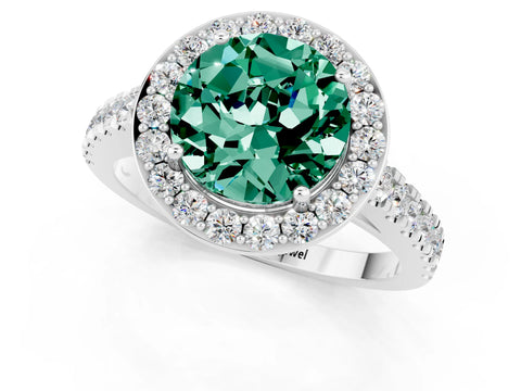 White gold Round Cut Halo Diamond Ring with Pavé Band and Three-Prong Setting_1