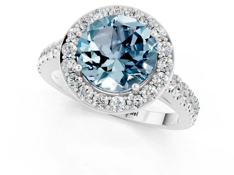 White gold Round Cut Halo Diamond Ring with Pavé Band and Three-Prong Setting_1