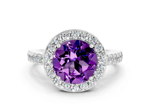 Silver Round Cut Amethyst Halo Ring with Round Pavé Split Shank and Prong Setting