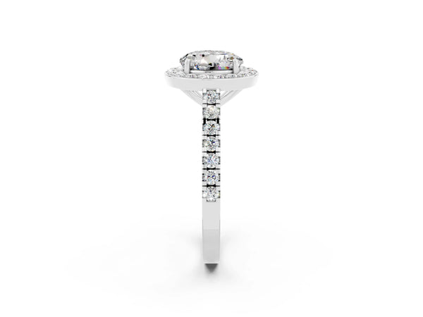 Platinum Round Cut Moissanite Halo Ring with Round Pavé Split Shank and Prong Setting
