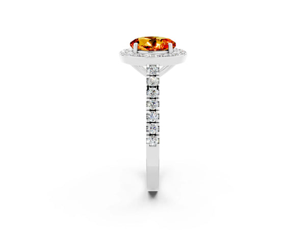 White gold Round Cut Citrine Halo Ring with Round Pavé Split Shank and Prong Setting