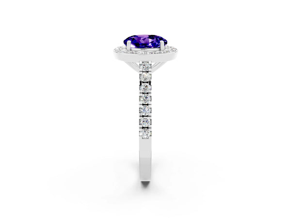 White gold Round Cut Tanzanite Halo Ring with Round Pavé Split Shank and Prong Setting
