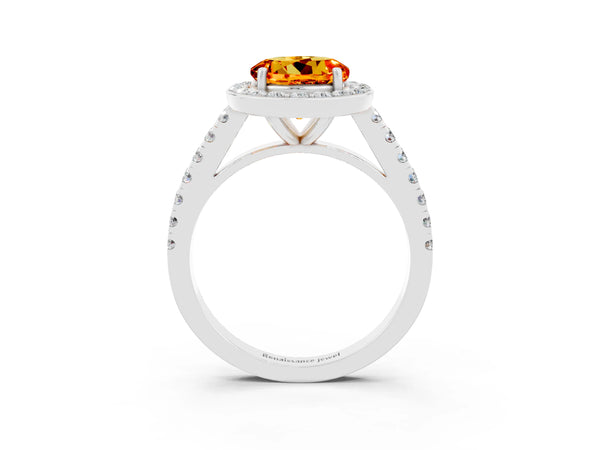 White gold Round Cut Citrine Halo Ring with Round Pavé Split Shank and Prong Setting