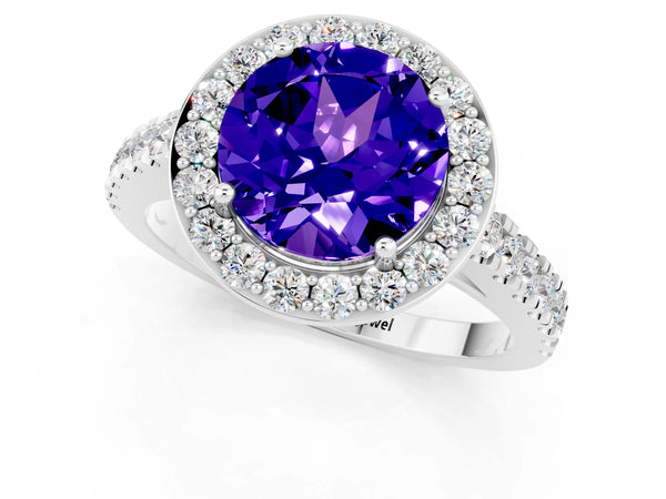 Silver Round Cut Tanzanite Halo Ring with Round Pavé Split Shank and Prong Setting