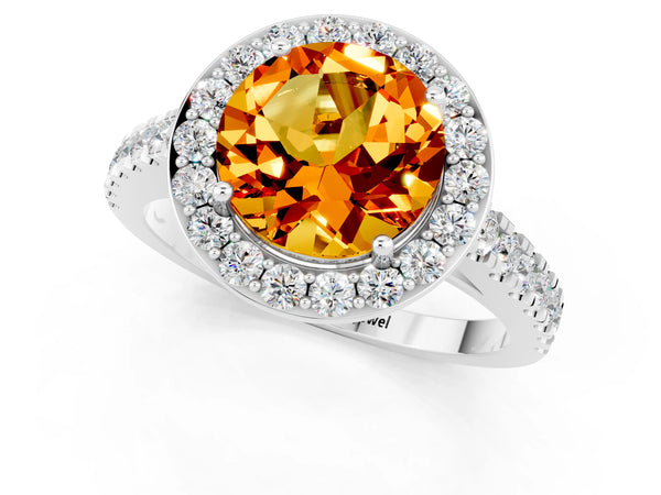 Silver Round Cut Citrine Halo Ring with Round Pavé Split Shank and Prong Setting