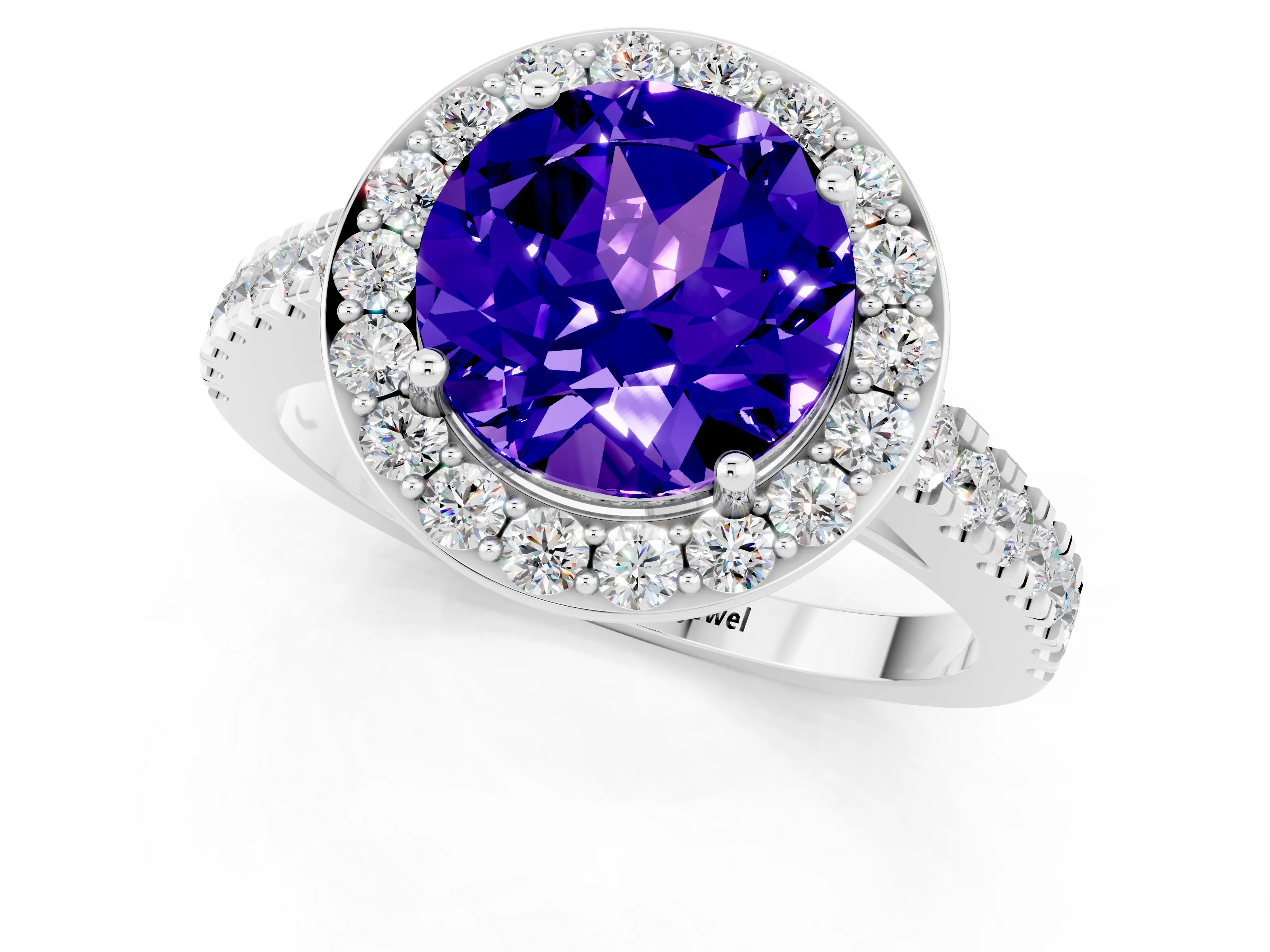 White gold Round Cut Halo Diamond Ring with Pavé Band and Three-Prong Setting_25