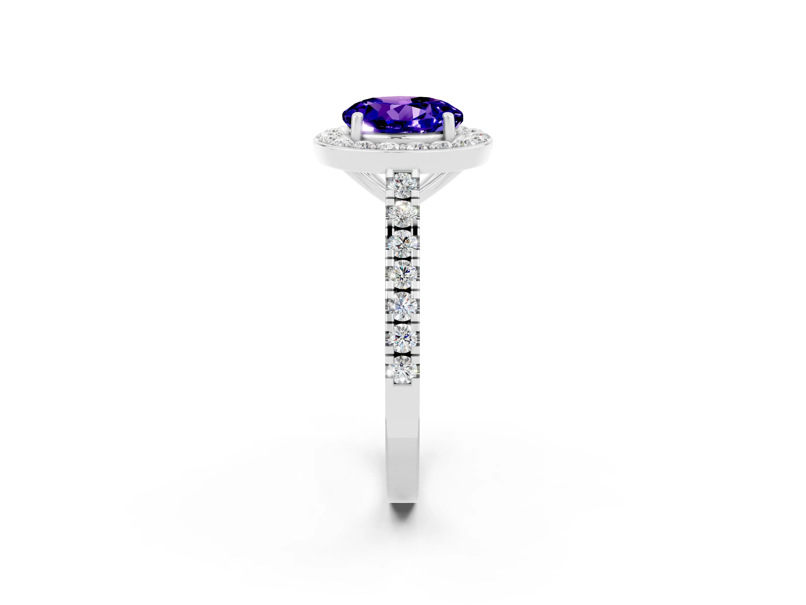 White gold Round Cut Halo Diamond Ring with Pavé Band and Three-Prong Setting_26
