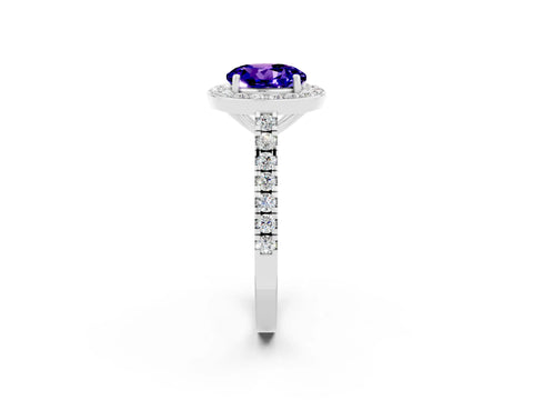 White gold Round Cut Halo Diamond Ring with Pavé Band and Three-Prong Setting_26