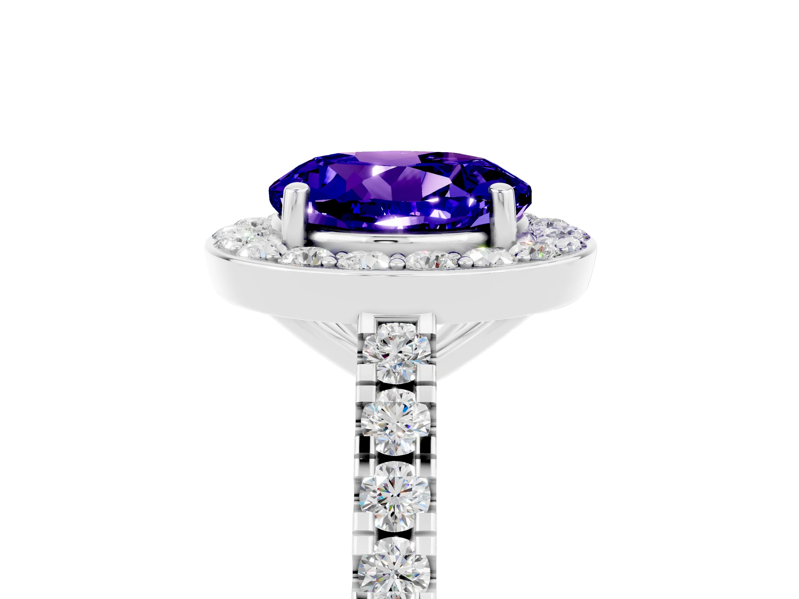 White gold Round Cut Halo Diamond Ring with Pavé Band and Three-Prong Setting_26