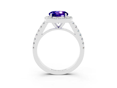 White gold Round Cut Halo Diamond Ring with Pavé Band and Three-Prong Setting_27