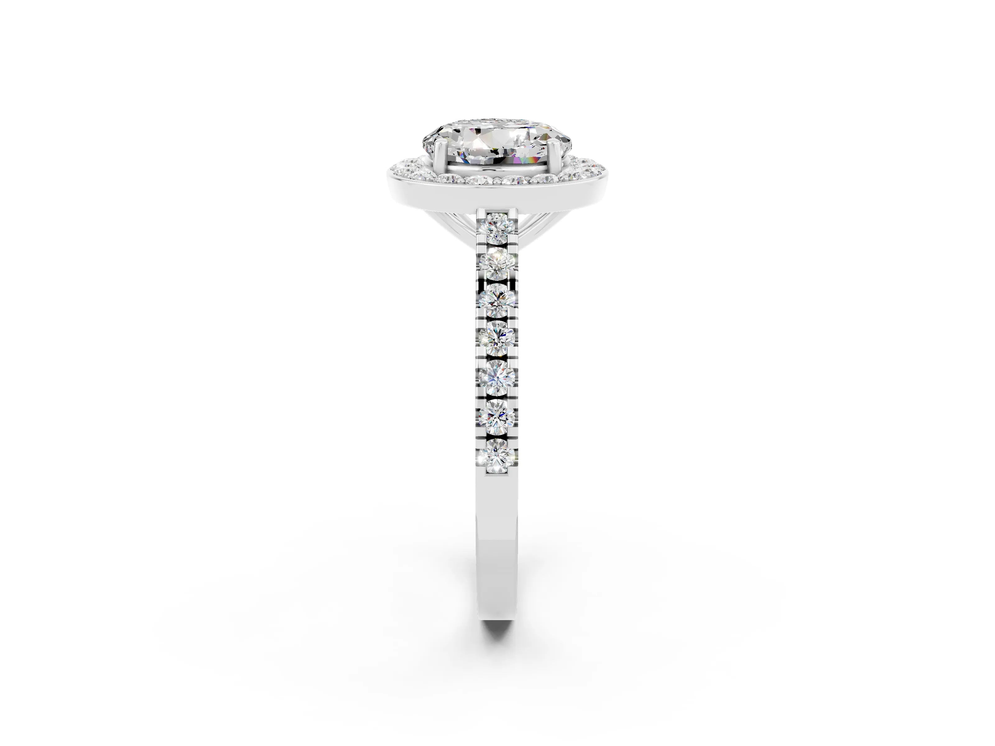White gold Round Cut Halo Diamond Ring with Pavé Band and Three-Prong Setting_2