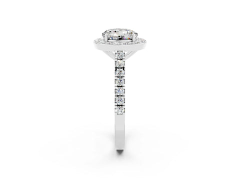 White gold Round Cut Halo Diamond Ring with Pavé Band and Three-Prong Setting_2