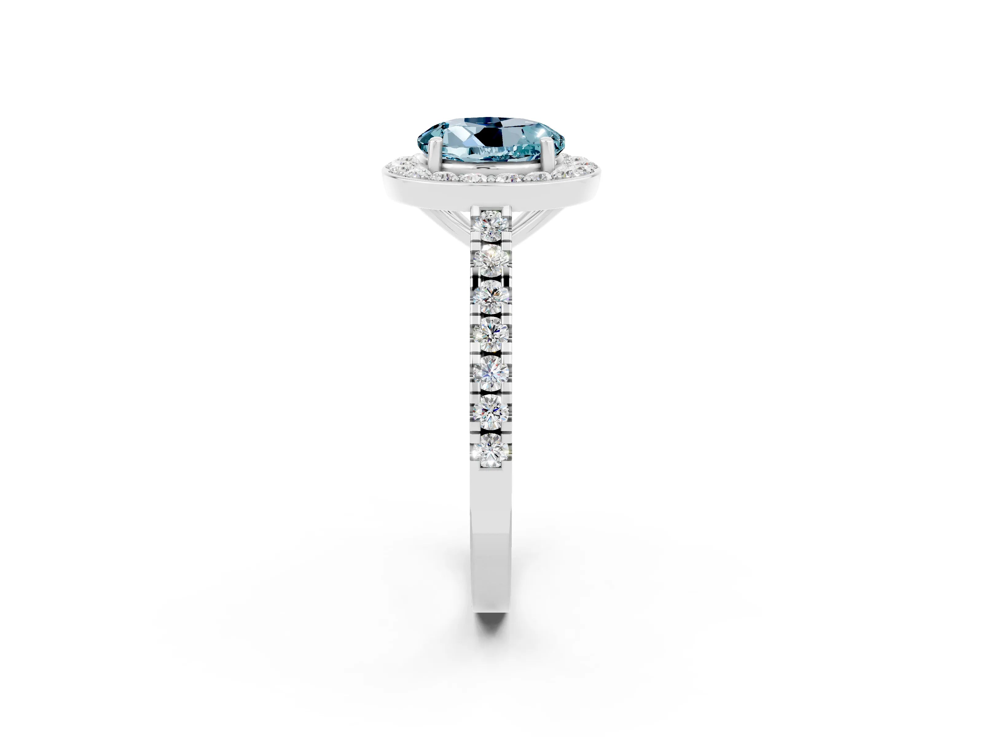 White gold Round Cut Halo Diamond Ring with Pavé Band and Three-Prong Setting_2