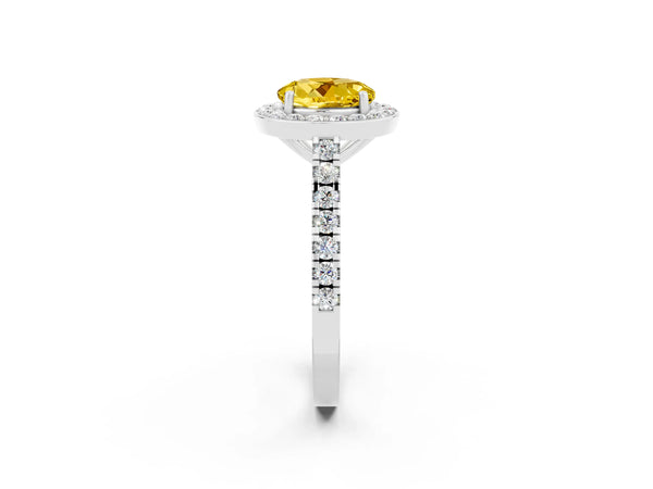 Platinum Round Cut Yellow Sapphire Halo Ring with Round Pavé Split Shank and Prong Setting