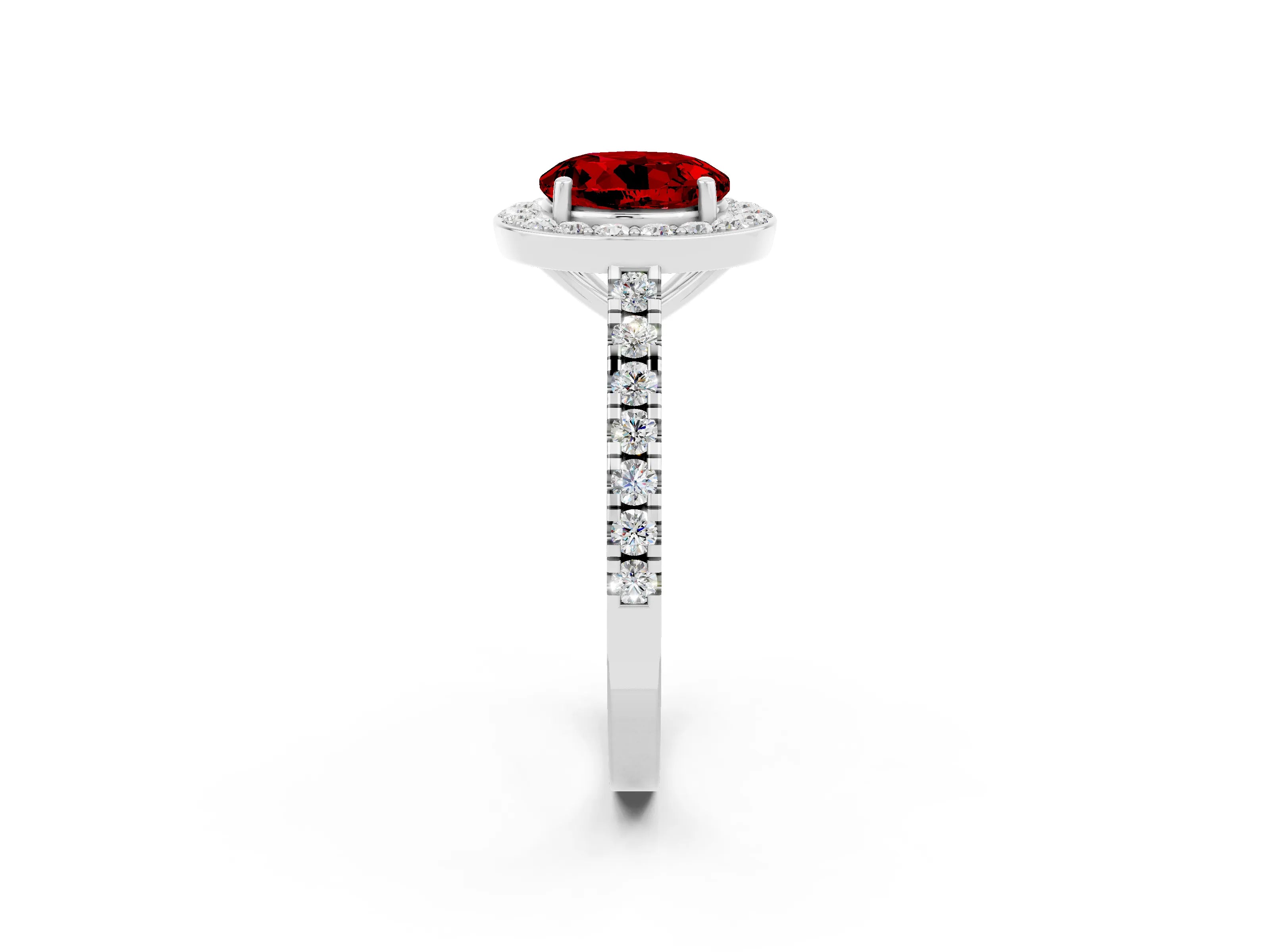 White gold Round Cut Halo Diamond Ring with Pavé Band and Three-Prong Setting_2