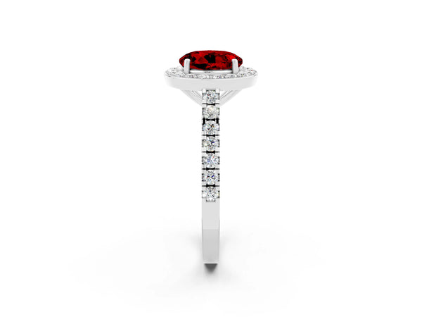 White gold Round Cut Ruby Halo Ring with Round Pavé Split Shank and Prong Setting