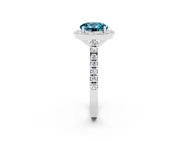 White gold Round Cut Halo Diamond Ring with Pavé Band and Three-Prong Setting
